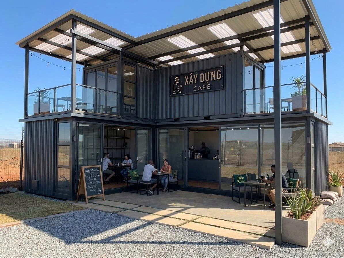 Container Cafe Ghép Nhiều Container Dạng 2 Tầng Xanh Dương Có Mái Che