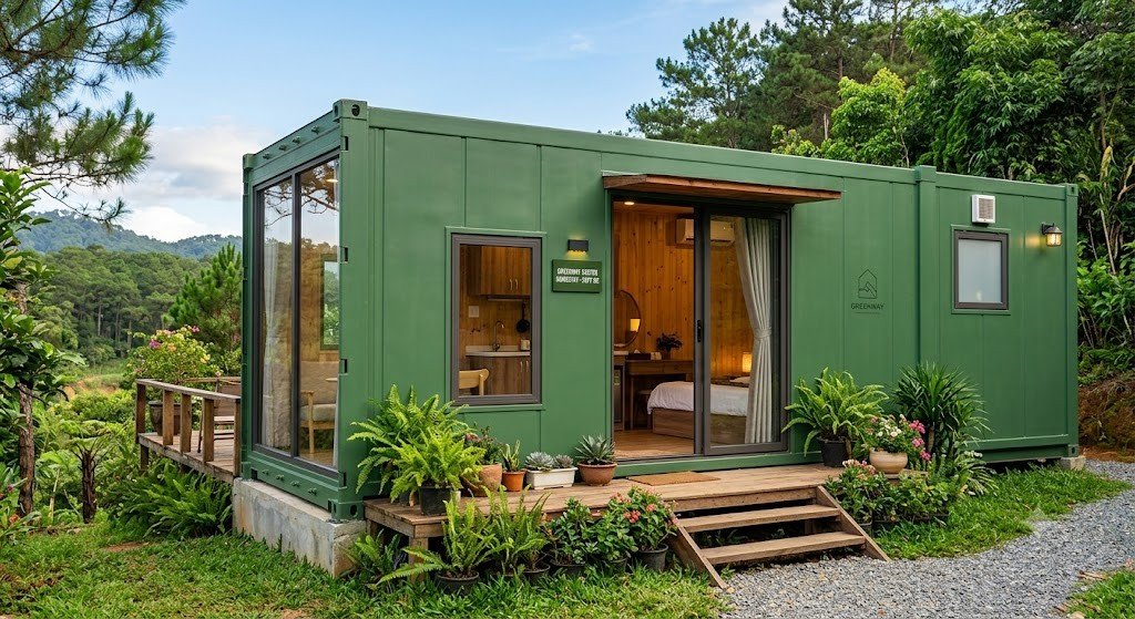 Containe Homestay 20 Feet Có Toilet Xanh Lá